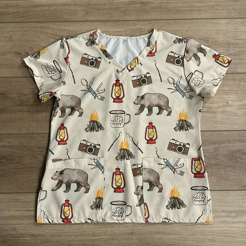 Camping themed scrub top